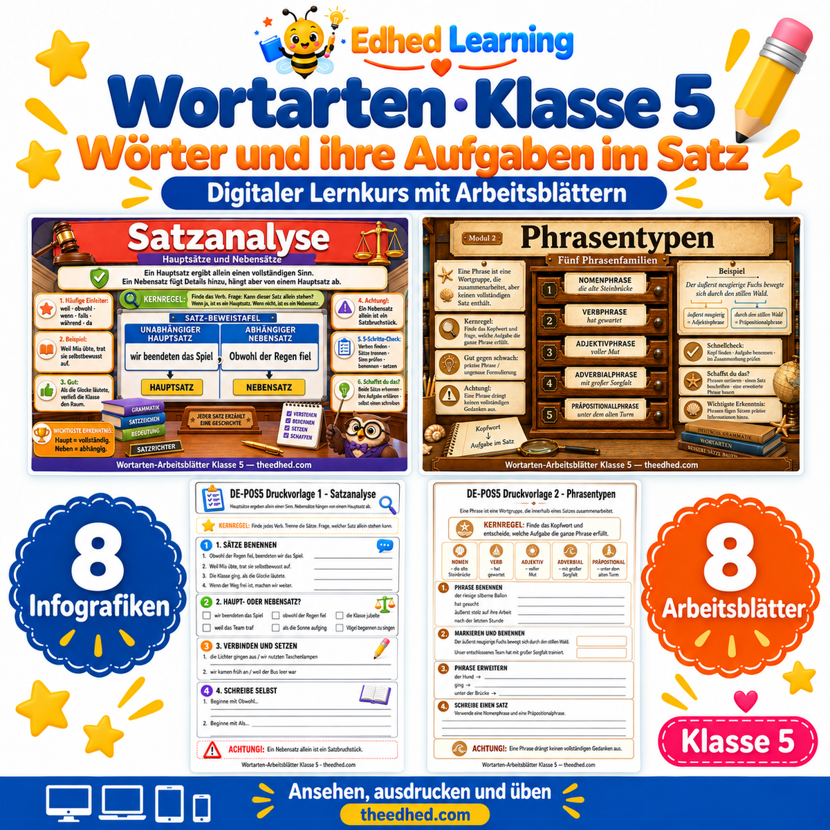 Wortarten · Klasse 5 – Edhed Learning, 8 Infografiken und 8 Arbeitsblätter