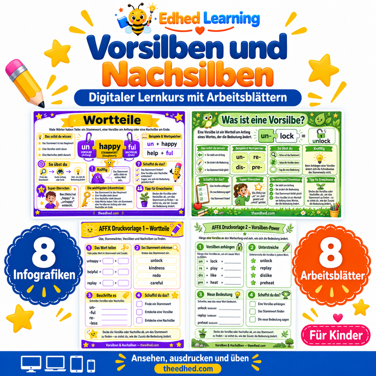 Vorsilben und Nachsilben – Edhed Learning, 8 Infografiken und 8 Arbeitsblätter