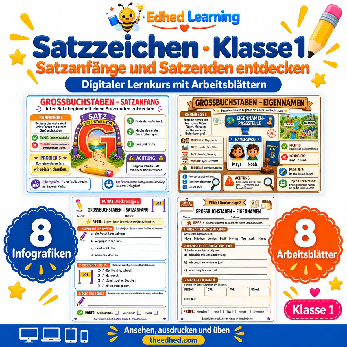 Satzzeichen · Klasse 1 – Edhed Learning, 8 Infografiken und 8 Arbeitsblätter