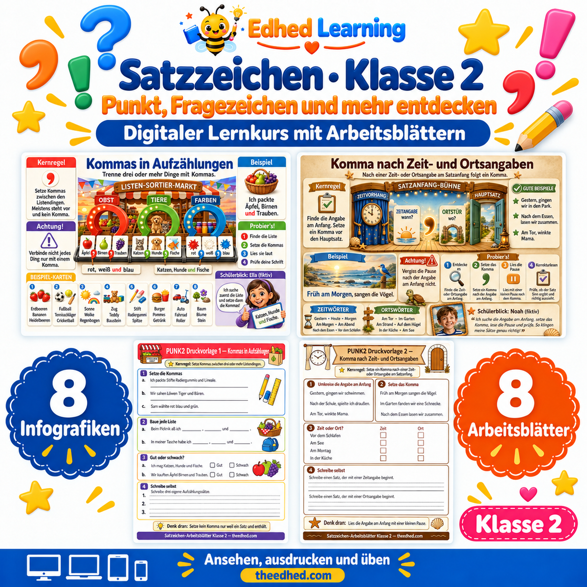 Satzzeichen · Klasse 2 – Edhed Learning, 8 Infografiken und 8 Arbeitsblätter