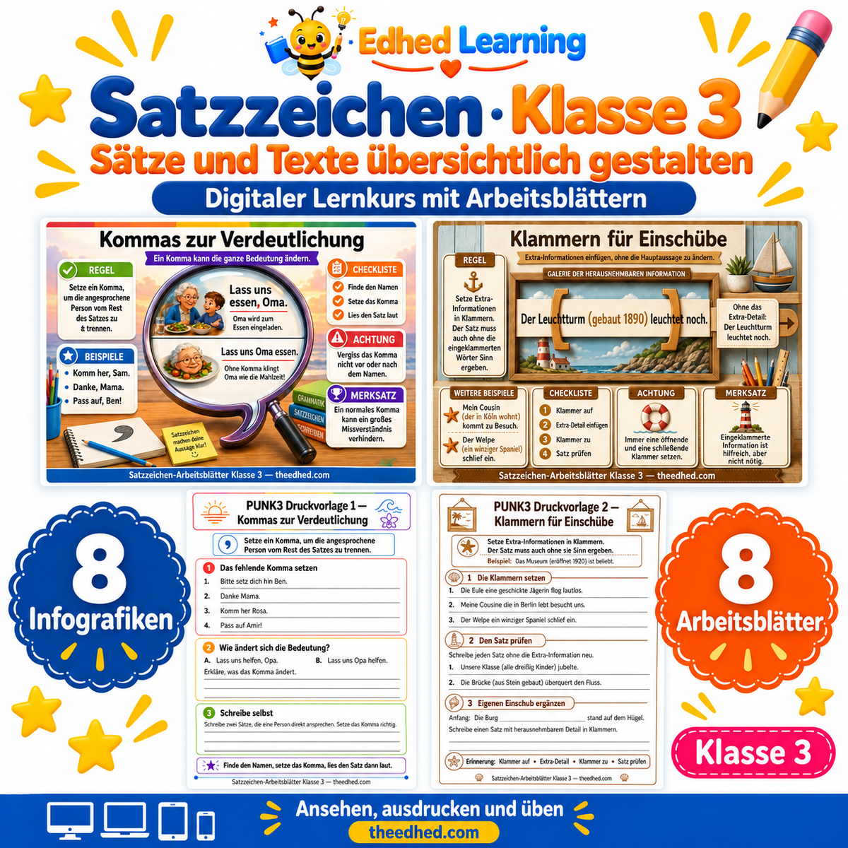 Satzzeichen · Klasse 3 – Edhed Learning, 8 Infografiken und 8 Arbeitsblätter