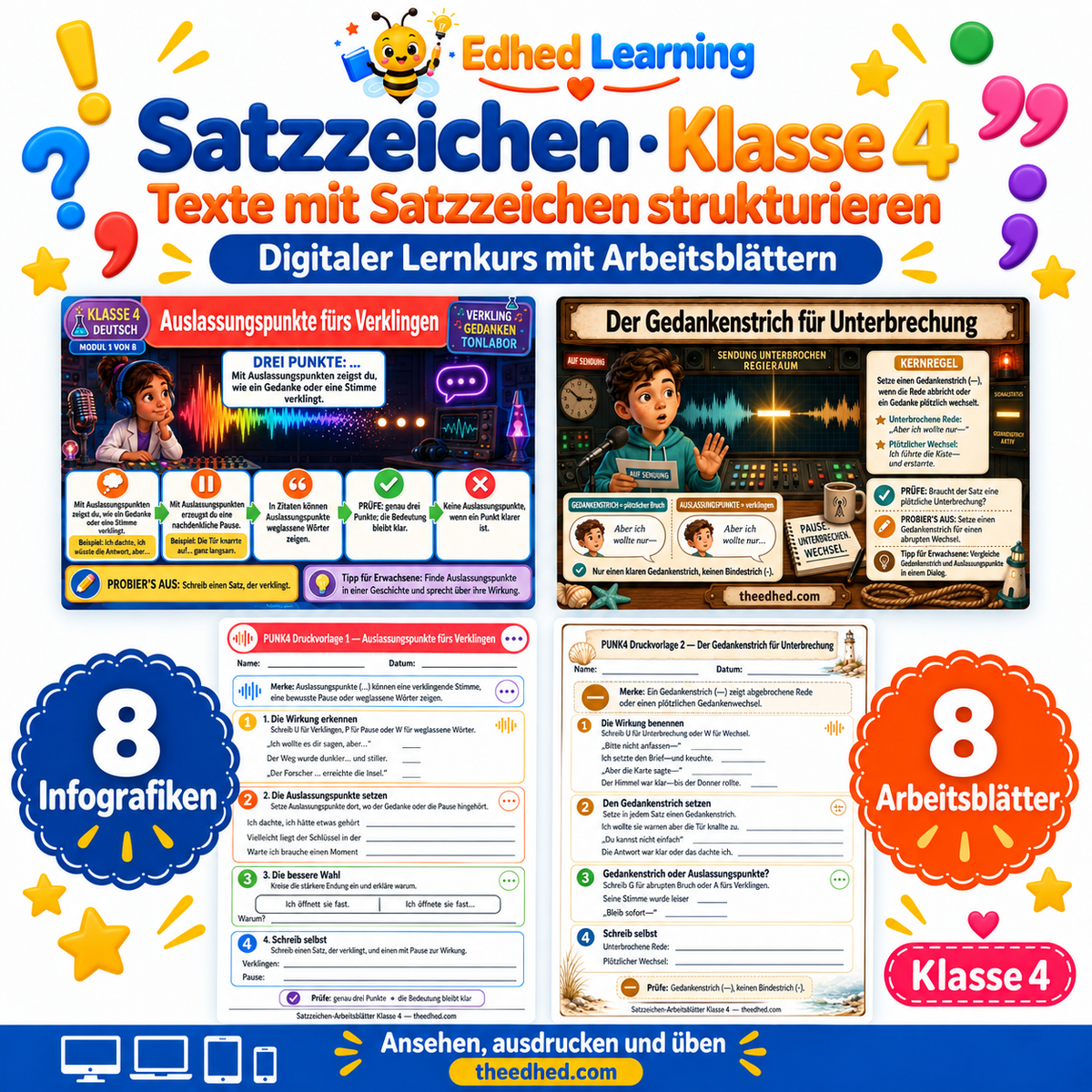 Satzzeichen · Klasse 4 – Edhed Learning, 8 Infografiken und 8 Arbeitsblätter