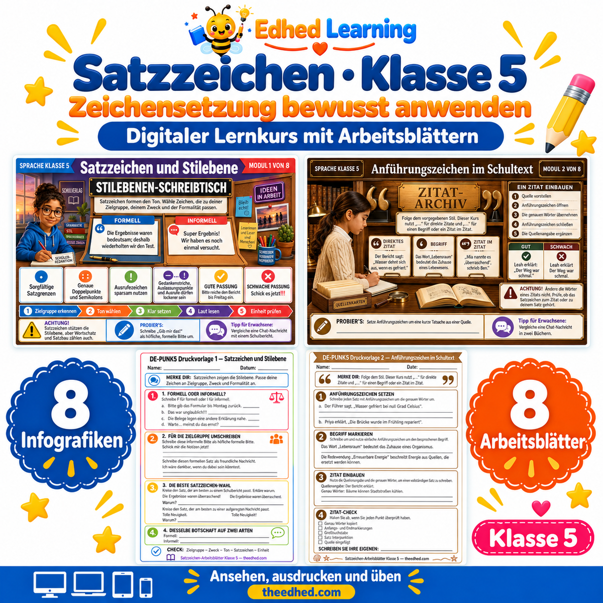 Satzzeichen · Klasse 5 – Edhed Learning, 8 Infografiken und 8 Arbeitsblätter
