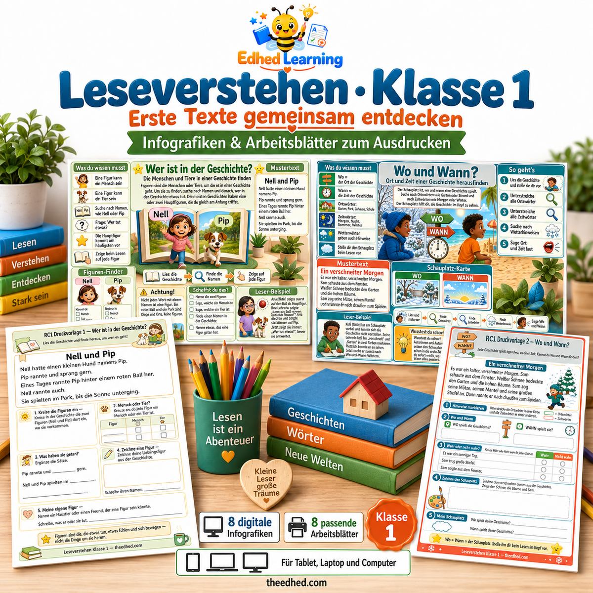 Leseverstehen · Klasse 1 – Edhed Learning, 8 Infografiken und 8 Arbeitsblätter