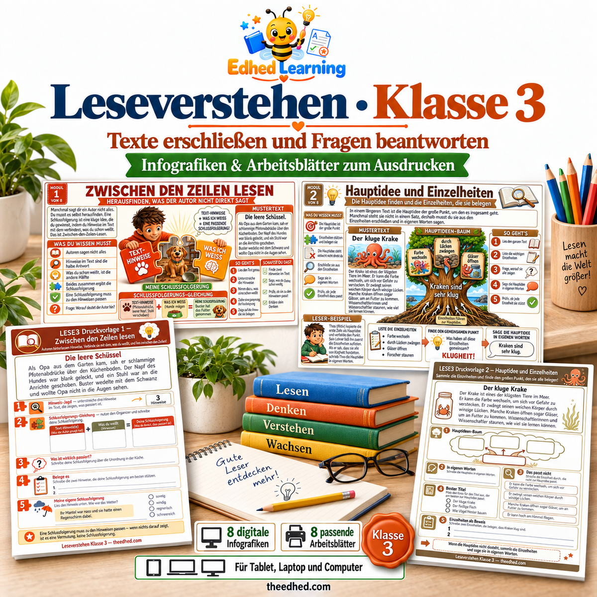 Leseverstehen · Klasse 3 – Edhed Learning, 8 Infografiken und 8 Arbeitsblätter