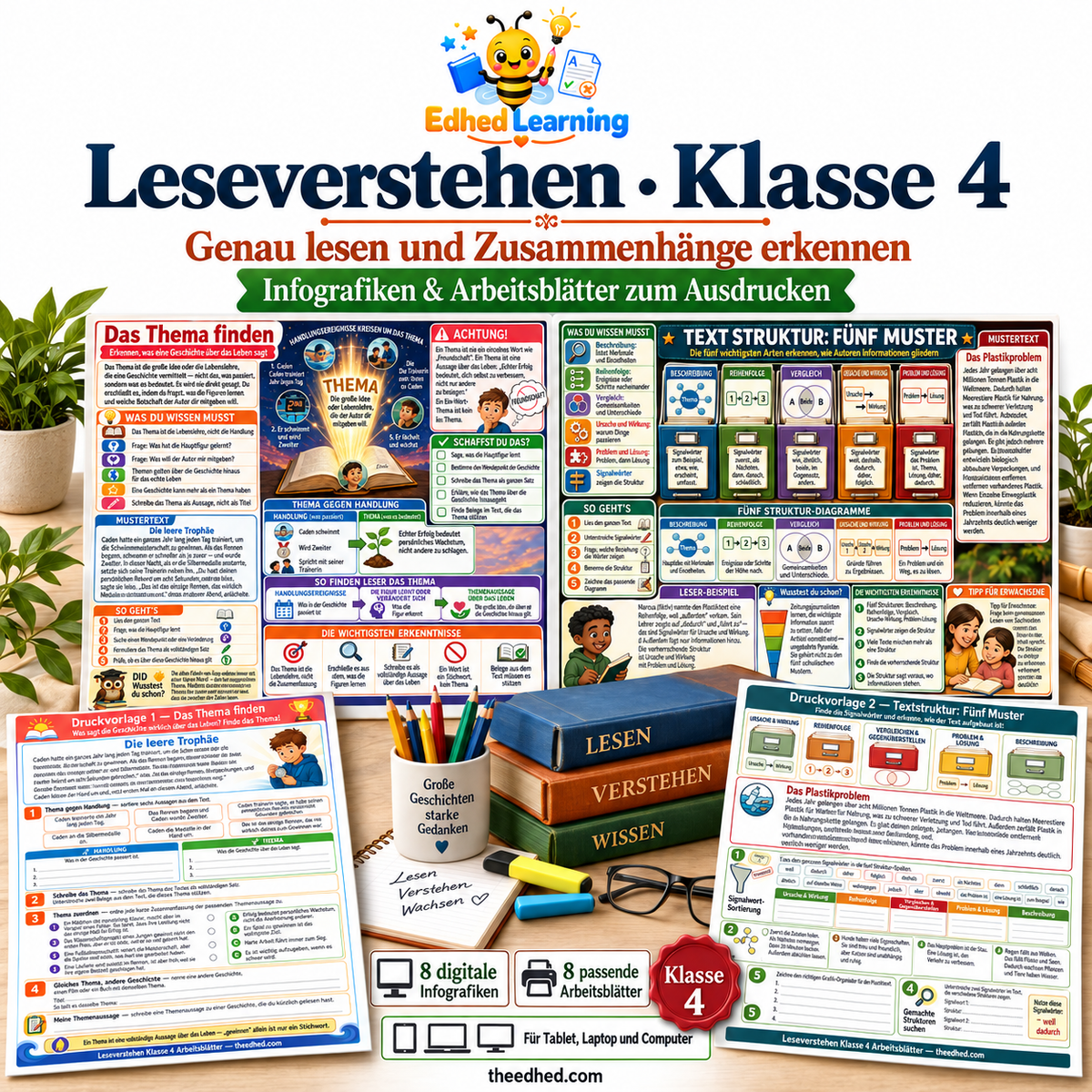 Leseverstehen · Klasse 4 – Edhed Learning, 8 Infografiken und 8 Arbeitsblätter