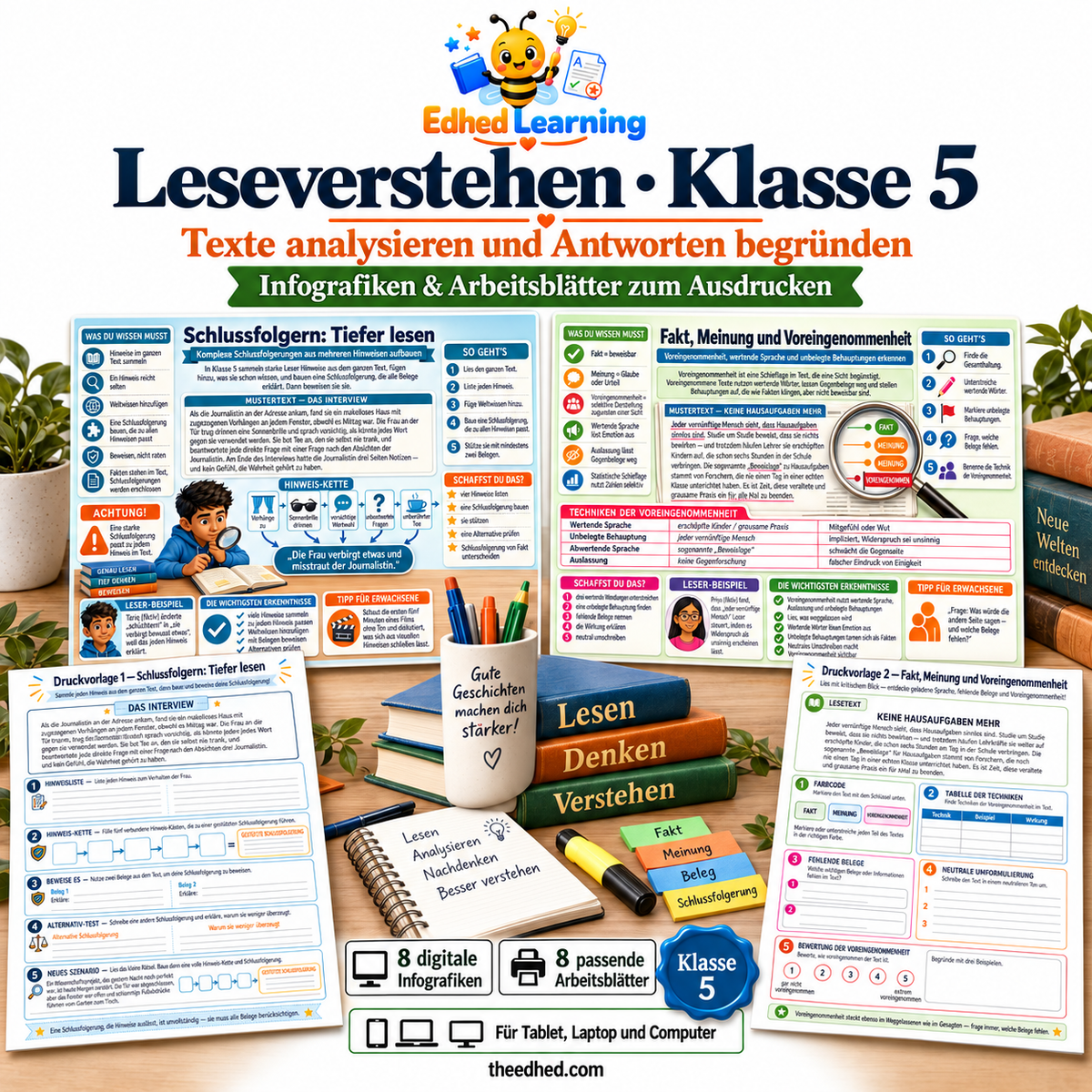 Leseverstehen · Klasse 5 – Edhed Learning, 8 Infografiken und 8 Arbeitsblätter