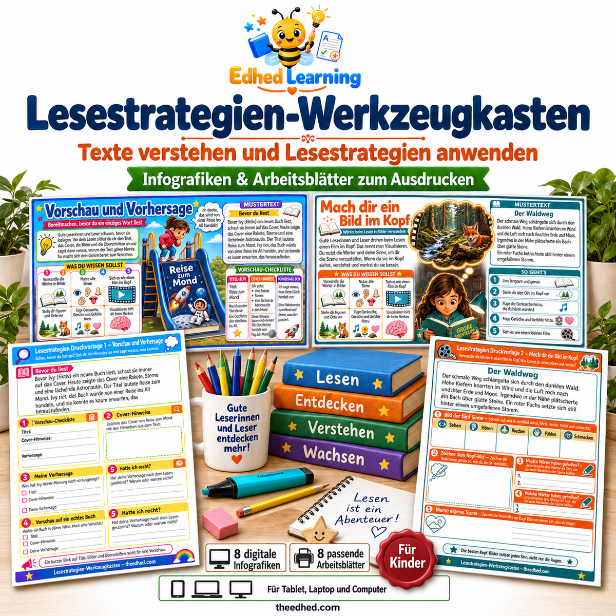 Lesestrategien-Werkzeugkasten – Edhed Learning, 8 Infografiken und 8 Arbeitsblätter