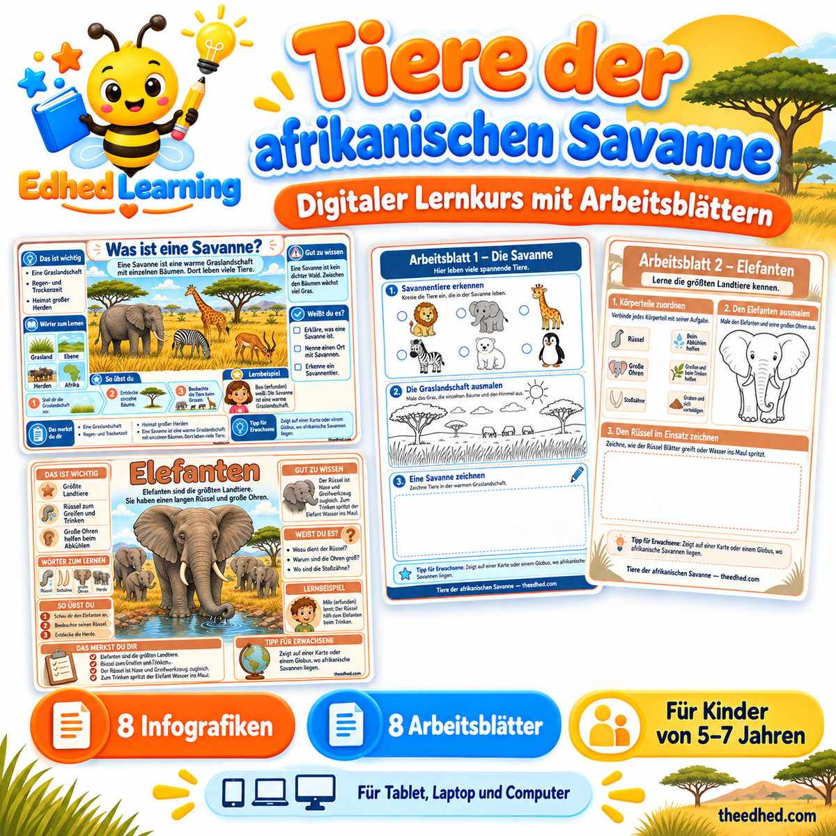 Tiere der afrikanischen Savanne: deutscher Lernkurs mit 8 Infografiken und 8 Arbeitsblättern