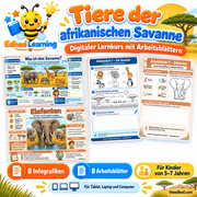 Tiere der afrikanischen Savanne: deutscher Lernkurs mit 8 Infografiken und 8 Arbeitsblättern