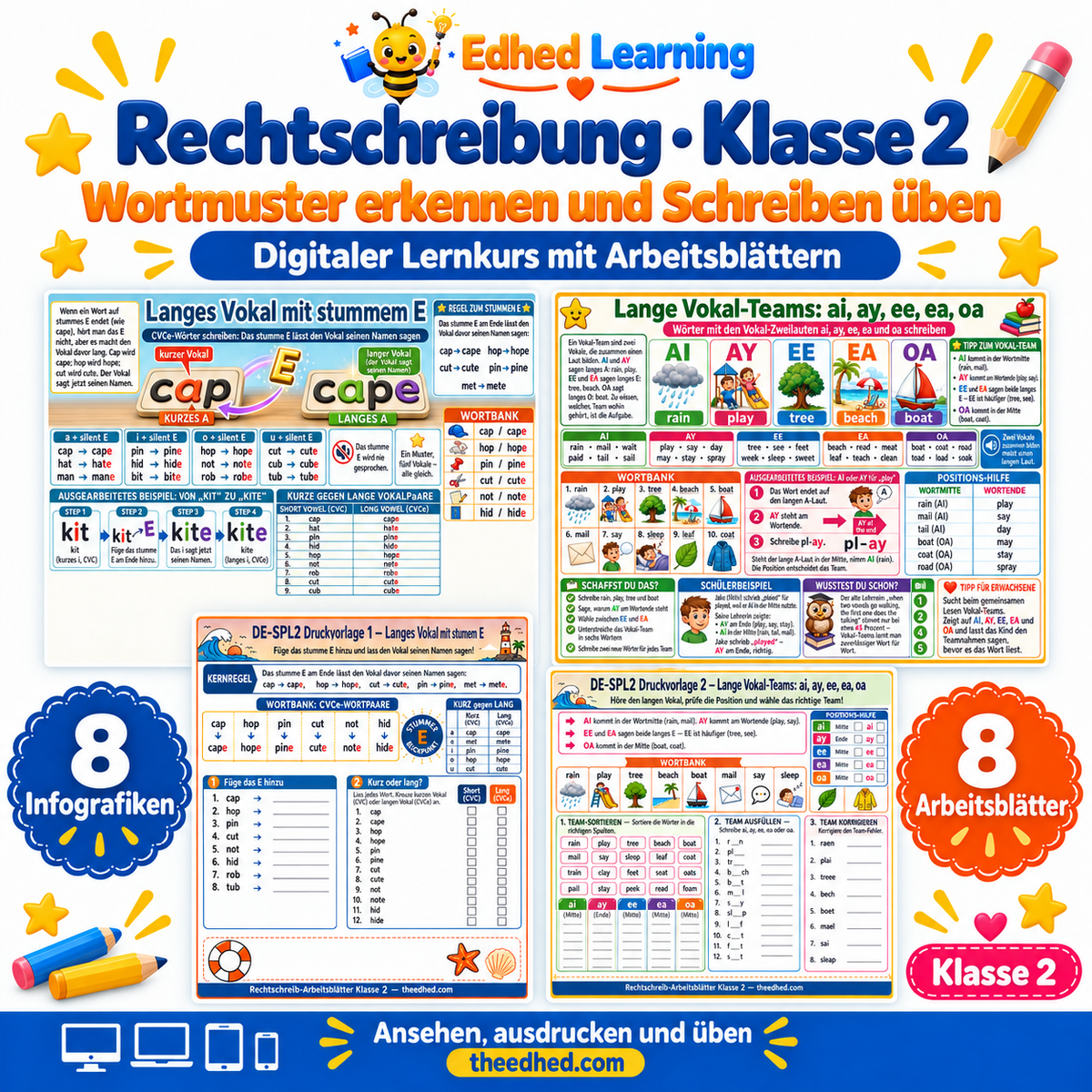 Rechtschreibung · Klasse 2 – Edhed Learning, 8 Infografiken und 8 Arbeitsblätter