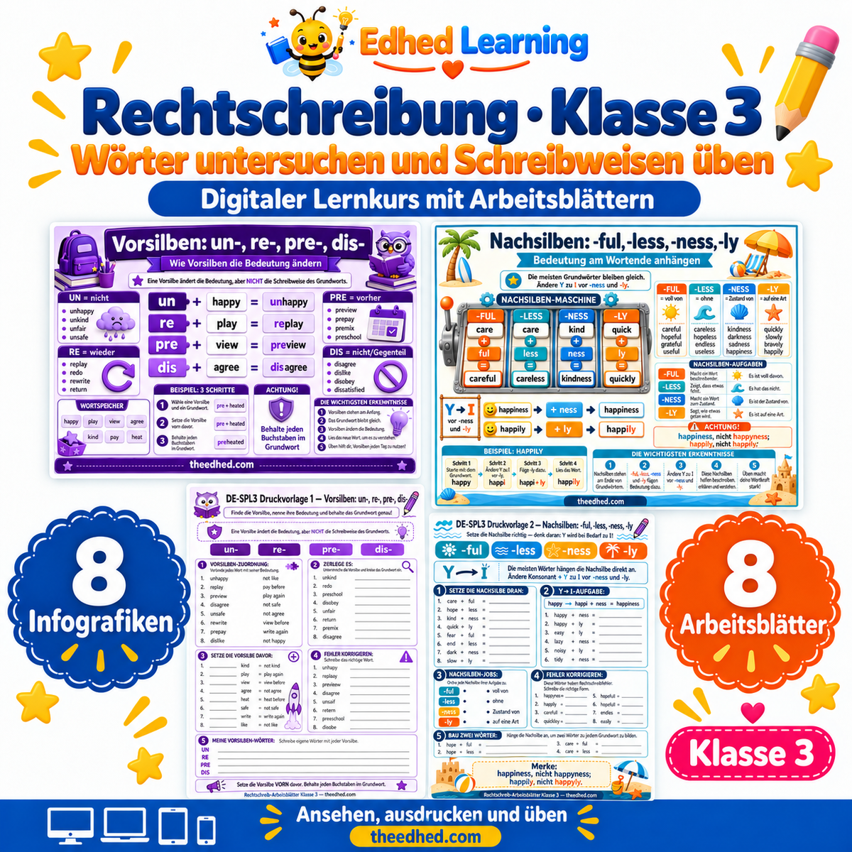 Rechtschreibung · Klasse 3 – Edhed Learning, 8 Infografiken und 8 Arbeitsblätter