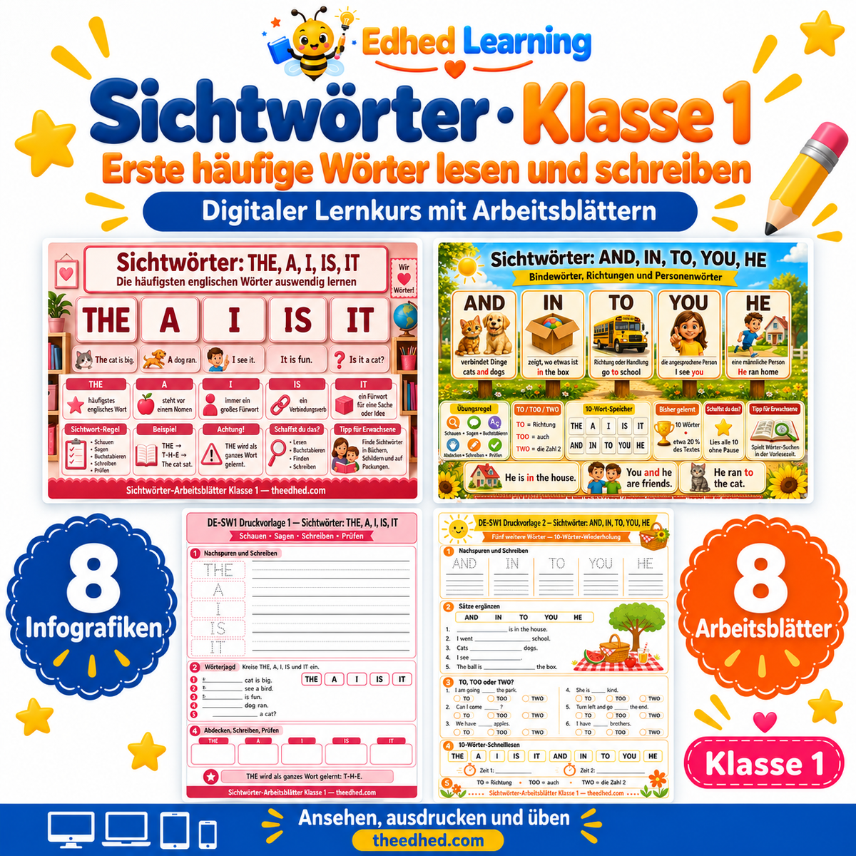 Sichtwörter · Klasse 1 – Edhed Learning, 8 Infografiken und 8 Arbeitsblätter