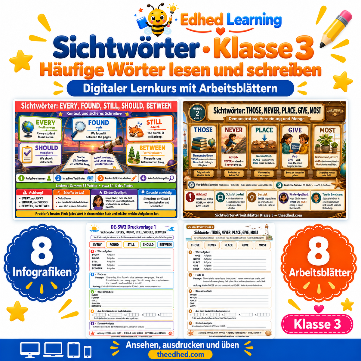 Sichtwörter · Klasse 3 – Edhed Learning, 8 Infografiken und 8 Arbeitsblätter