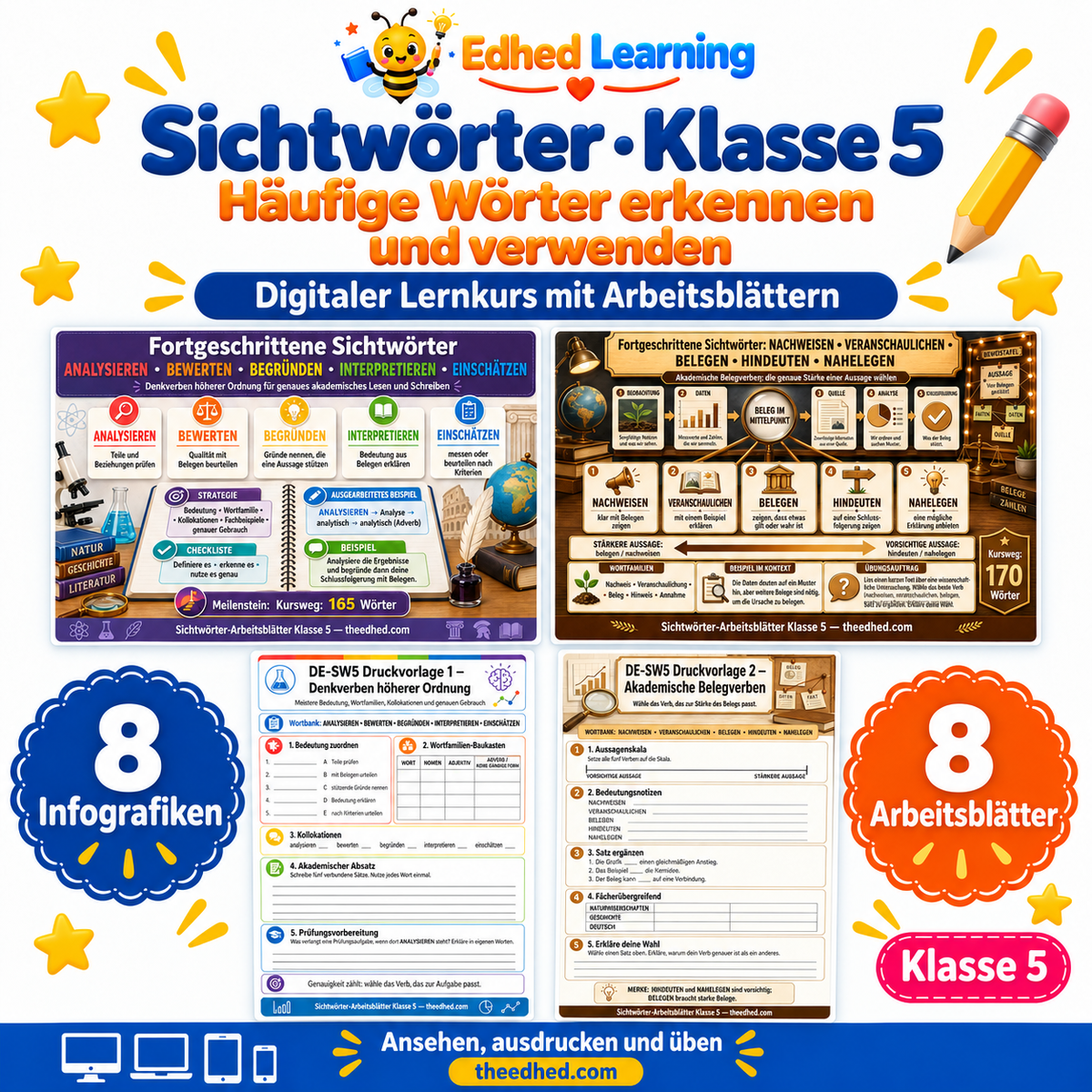 Sichtwörter · Klasse 5 – Edhed Learning, 8 Infografiken und 8 Arbeitsblätter