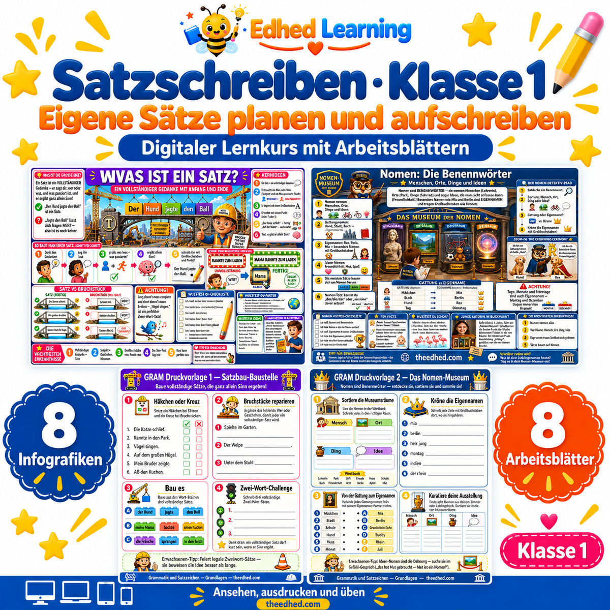 Satzschreiben · Klasse 1 – Edhed Learning, 8 Infografiken und 8 Arbeitsblätter