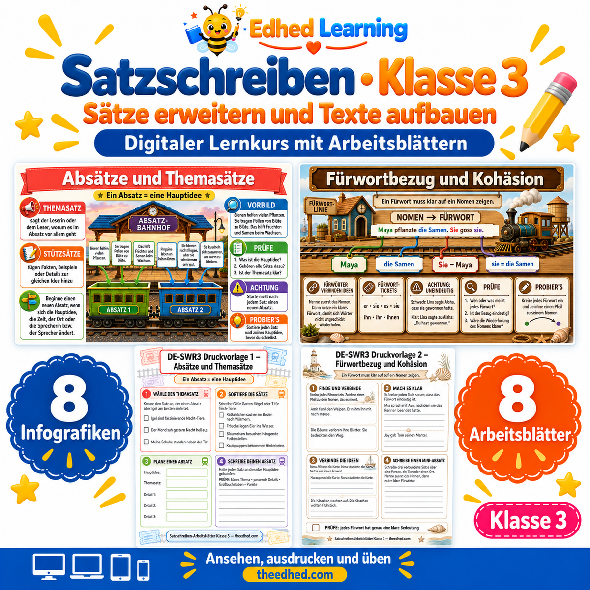 Satzschreiben · Klasse 3 – Edhed Learning, 8 Infografiken und 8 Arbeitsblätter