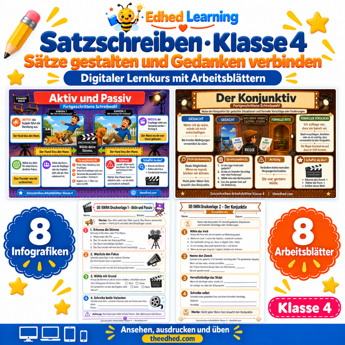 Satzschreiben · Klasse 4 – Edhed Learning, 8 Infografiken und 8 Arbeitsblätter