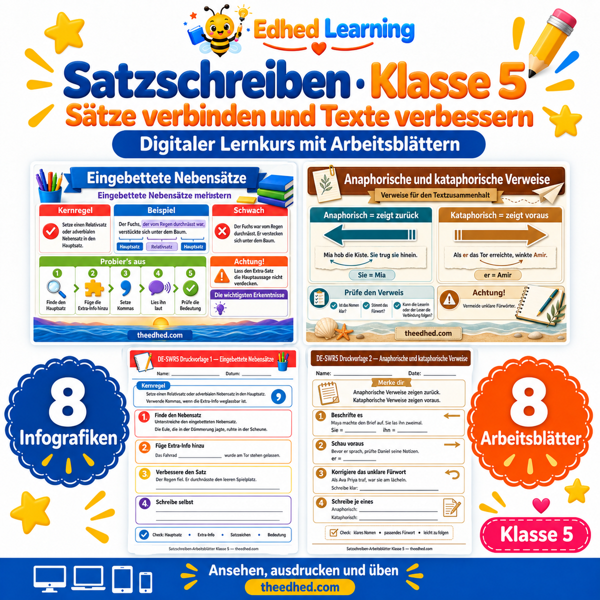 Satzschreiben · Klasse 5 – Edhed Learning, 8 Infografiken und 8 Arbeitsblätter