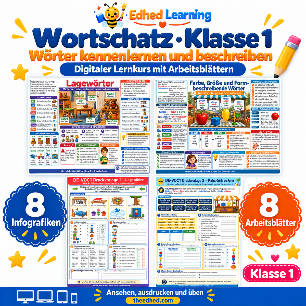 Wortschatz · Klasse 1 – Edhed Learning, 8 Infografiken und 8 Arbeitsblätter