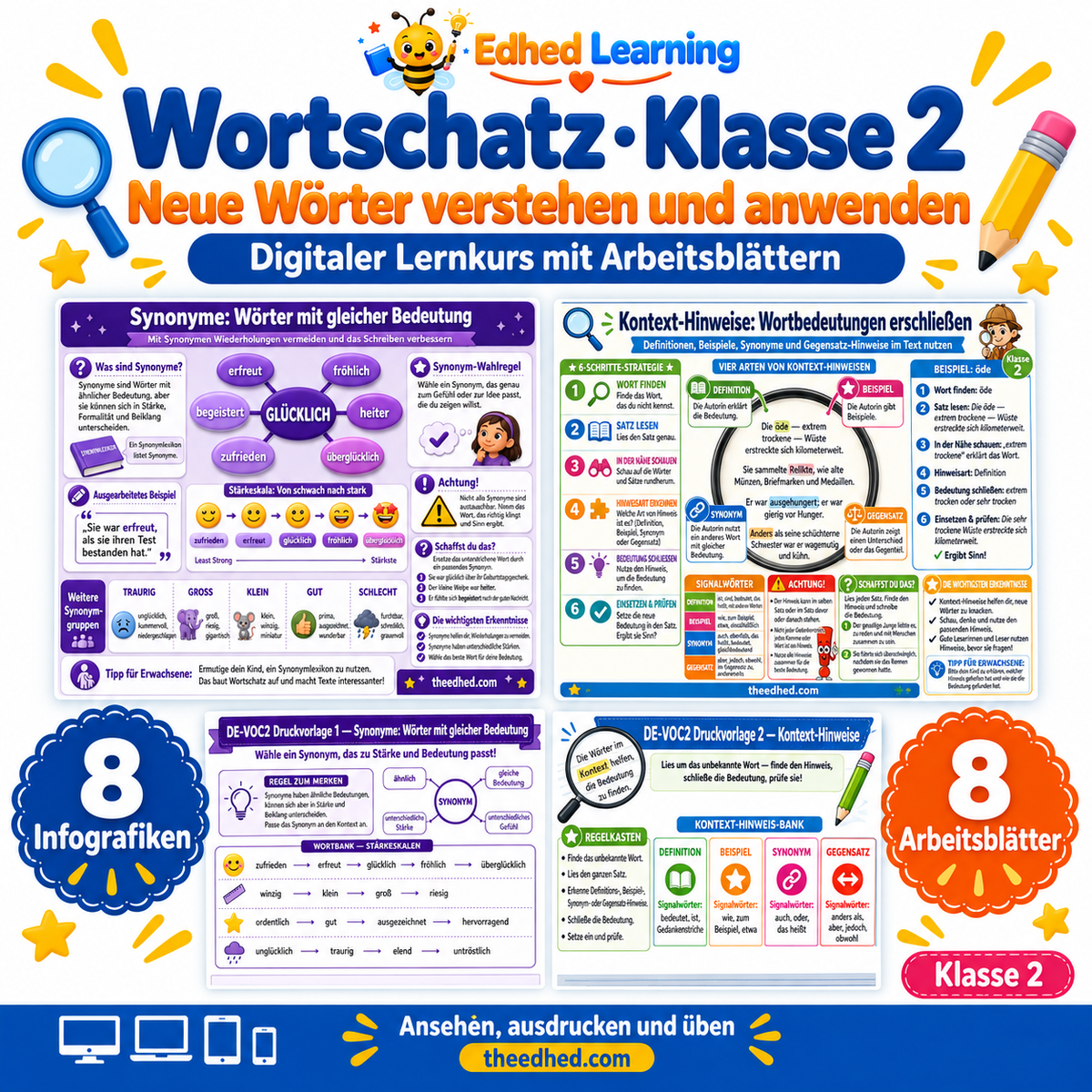 Wortschatz · Klasse 2 – Edhed Learning, 8 Infografiken und 8 Arbeitsblätter