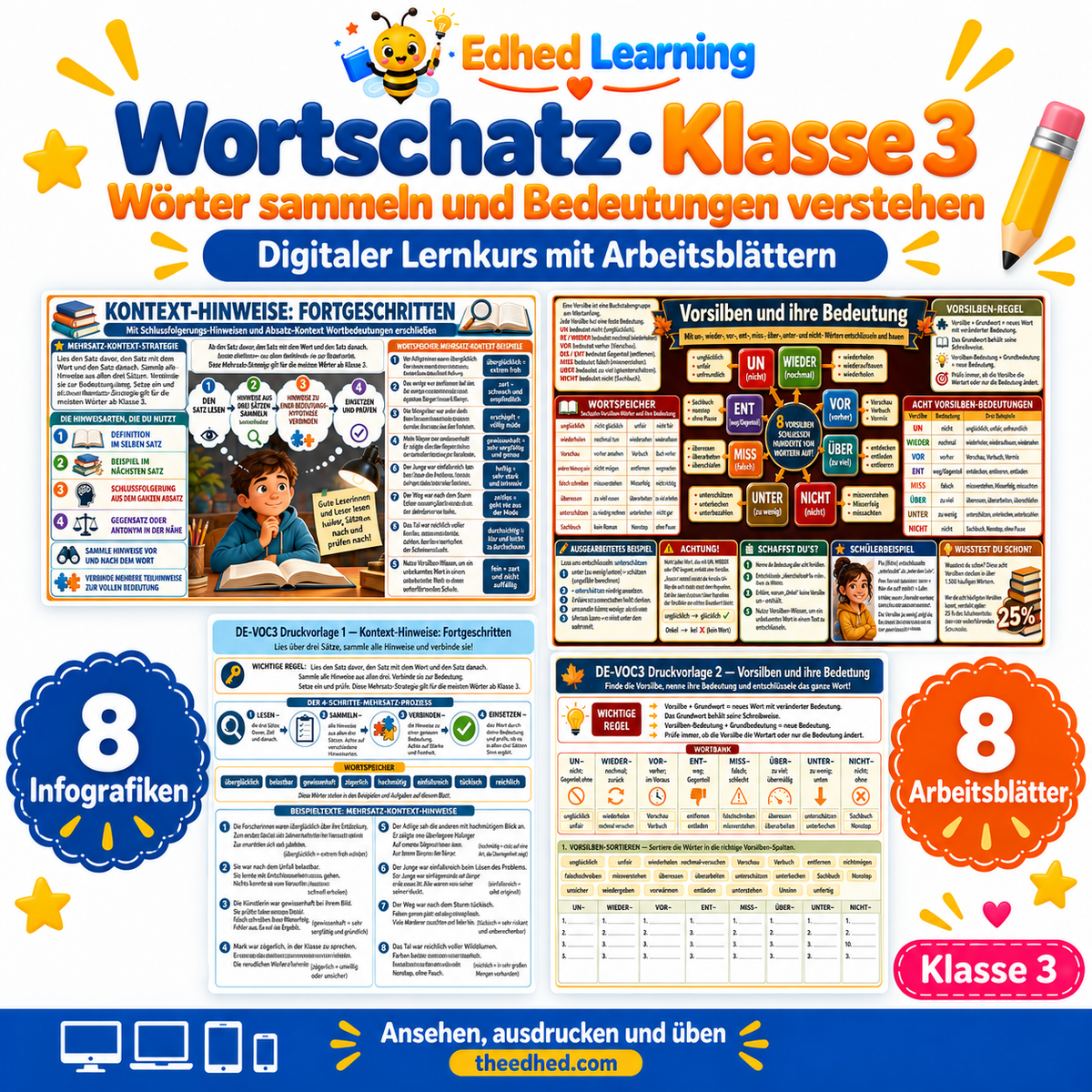 Wortschatz · Klasse 3 – Edhed Learning, 8 Infografiken und 8 Arbeitsblätter