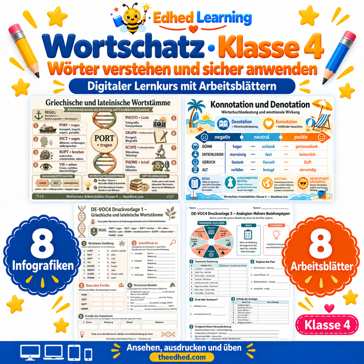 Wortschatz · Klasse 4 – Edhed Learning, 8 Infografiken und 8 Arbeitsblätter