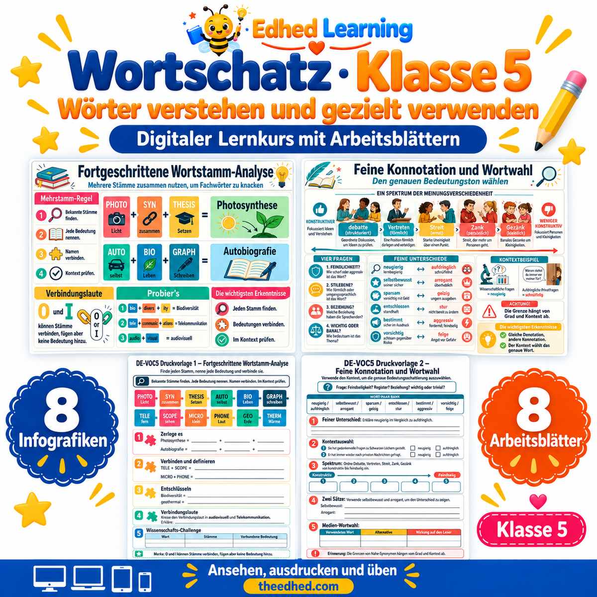 Wortschatz · Klasse 5 – Edhed Learning, 8 Infografiken und 8 Arbeitsblätter