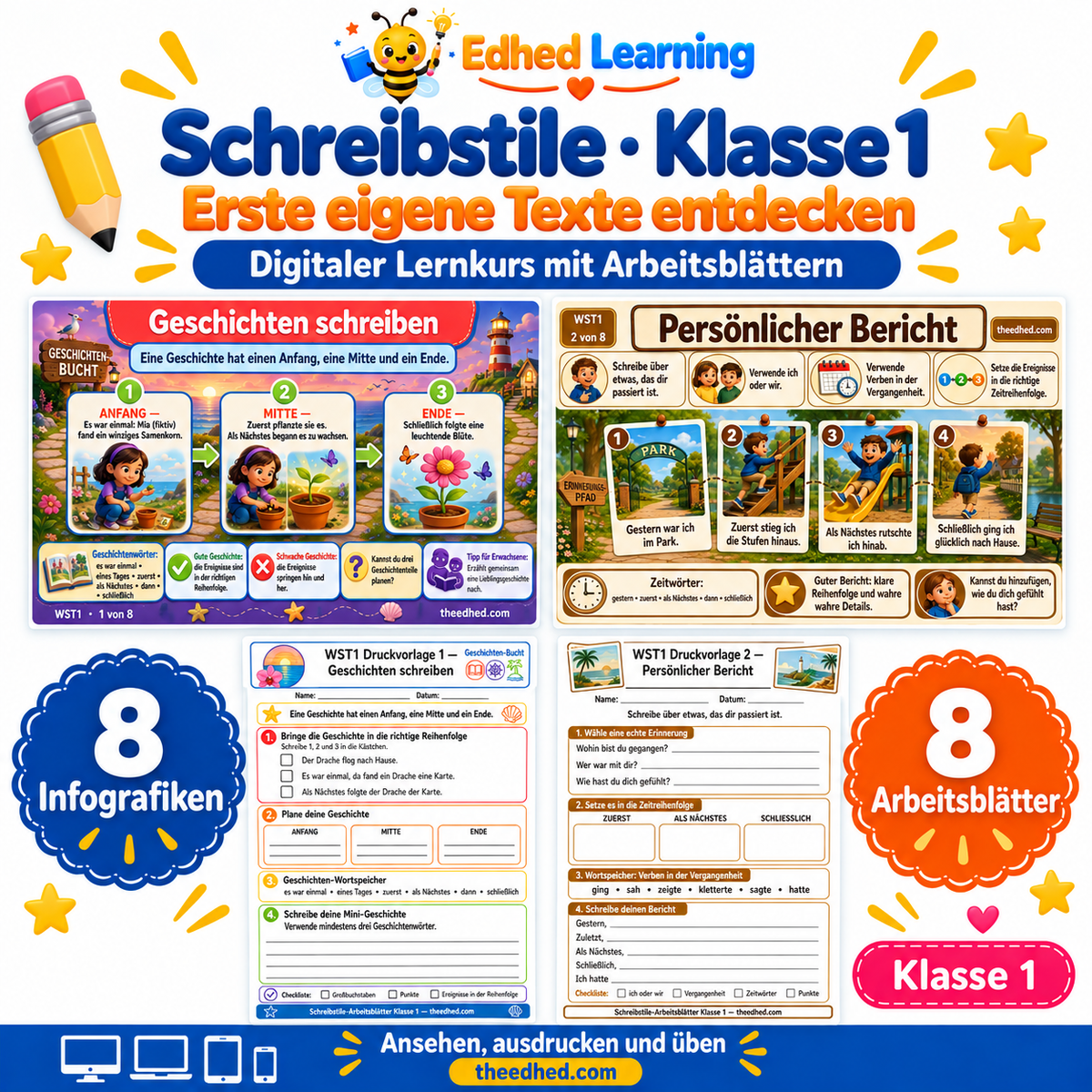 Schreibstile · Klasse 1 – Edhed Learning, 8 Infografiken und 8 Arbeitsblätter