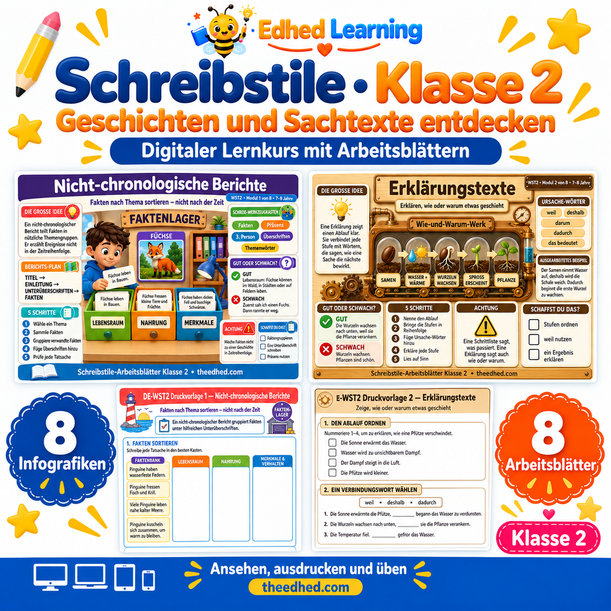 Schreibstile · Klasse 2 – Edhed Learning, 8 Infografiken und 8 Arbeitsblätter