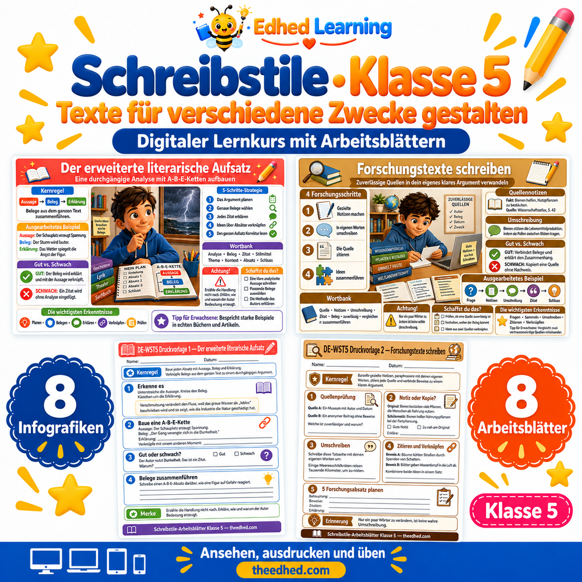 Schreibstile · Klasse 5 – Edhed Learning, 8 Infografiken und 8 Arbeitsblätter