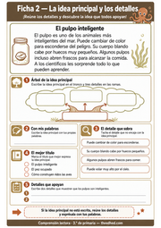 Ficha imprimible A4 sobre la idea principal y los detalles con el texto El pulpo inteligente.