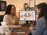 Two women in a professional setting with a computer screen displaying educational content.