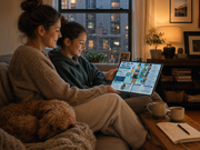 Two people sitting on a couch in a cozy living room, looking at a tablet.