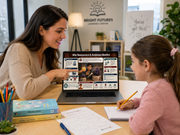 Woman and child at a table with a laptop displaying educational content.
