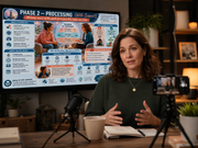 Woman speaking in front of a screen displaying educational content.