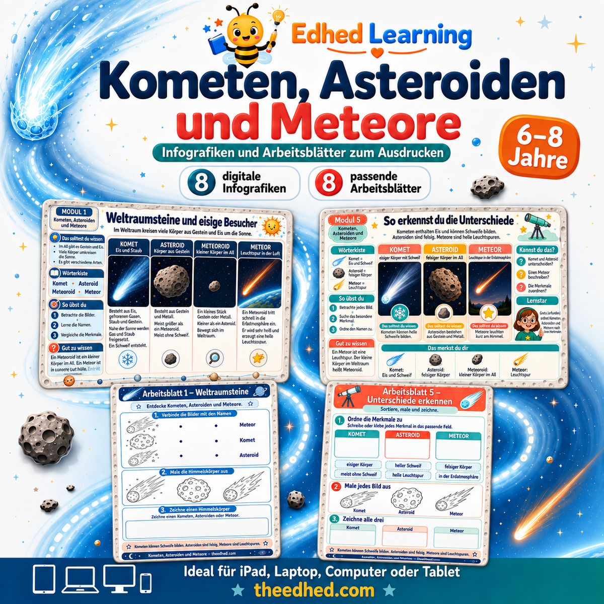 Kometen, Asteroiden und Meteore – 8 deutsche Infografiken und 8 Arbeitsblätter für Kinder von 6 bis 8 Jahren