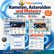 Kometen, Asteroiden und Meteore – 8 deutsche Infografiken und 8 Arbeitsblätter für Kinder von 6 bis 8 Jahren