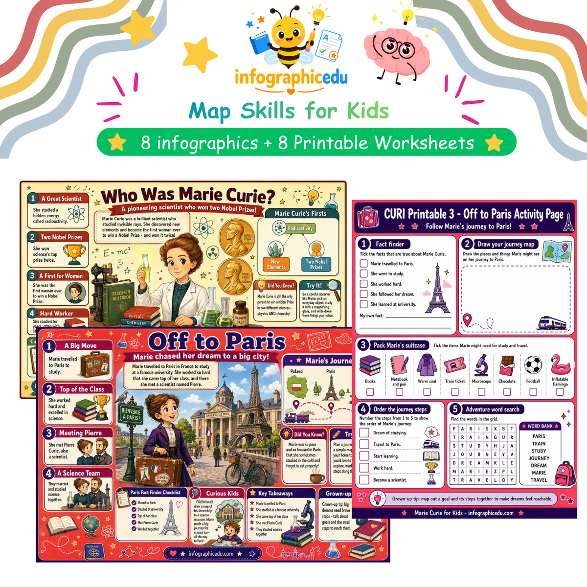 Marie Curie for Kids digital infographic course and printable planner pack cover from Infographic EDU