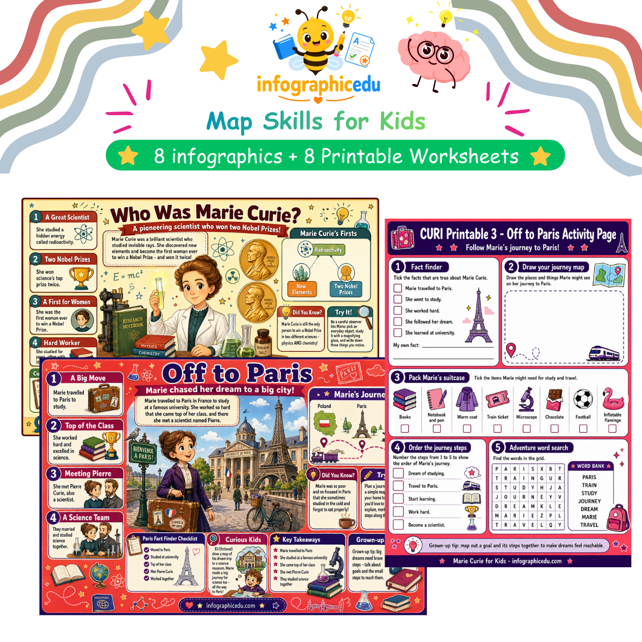 Marie Curie for Kids digital infographic course and printable planner pack cover from Infographic EDU