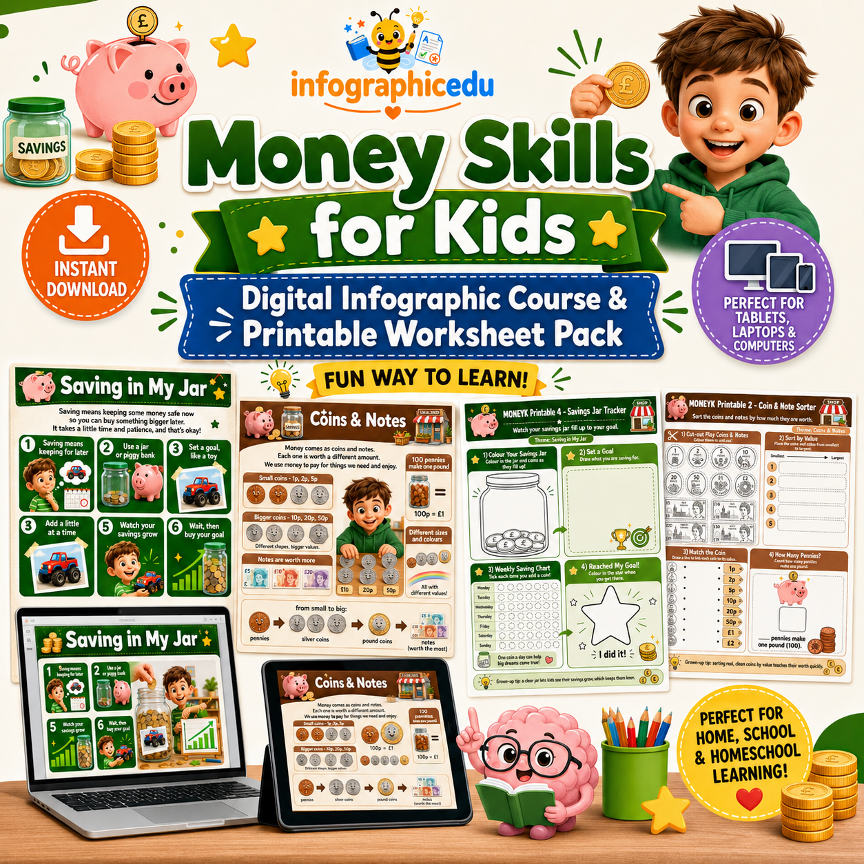 Promotional graphic for a digital infographic course and printable worksheet pack titled 'Money Skills for Kids' by infographicedu. The design shows a cartoon boy, a piggy bank, coins, stars, and multiple sample worksheet pages displayed on a laptop, tablet, and phone mockup, with badges reading 'Instant Download,' 'Printables for Targets & Homework,' and 'Perfect for Homeschool & Homeschool Learning!'.