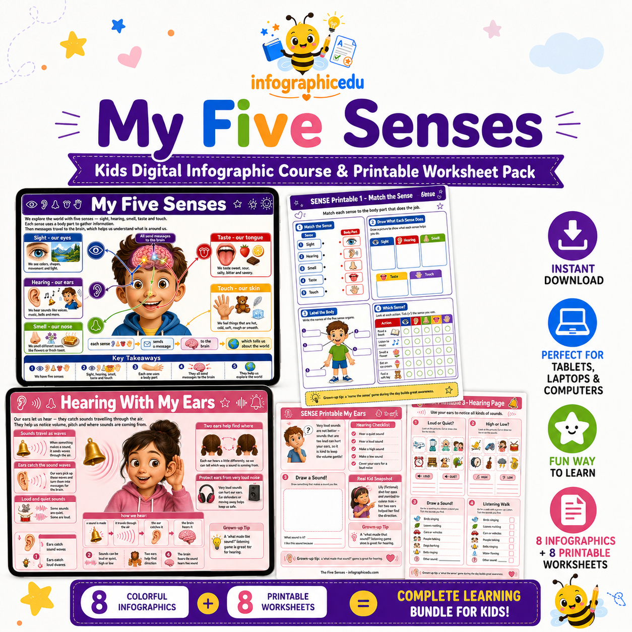 My Five Senses – Kids Digital Infographic Course & Printable Worksheet Pack