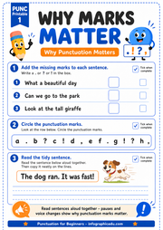 Why Marks Matter printable punctuation worksheet for children ages 6 to 8