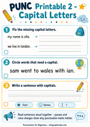 Capital Letters printable worksheet for children ages 6 to 8