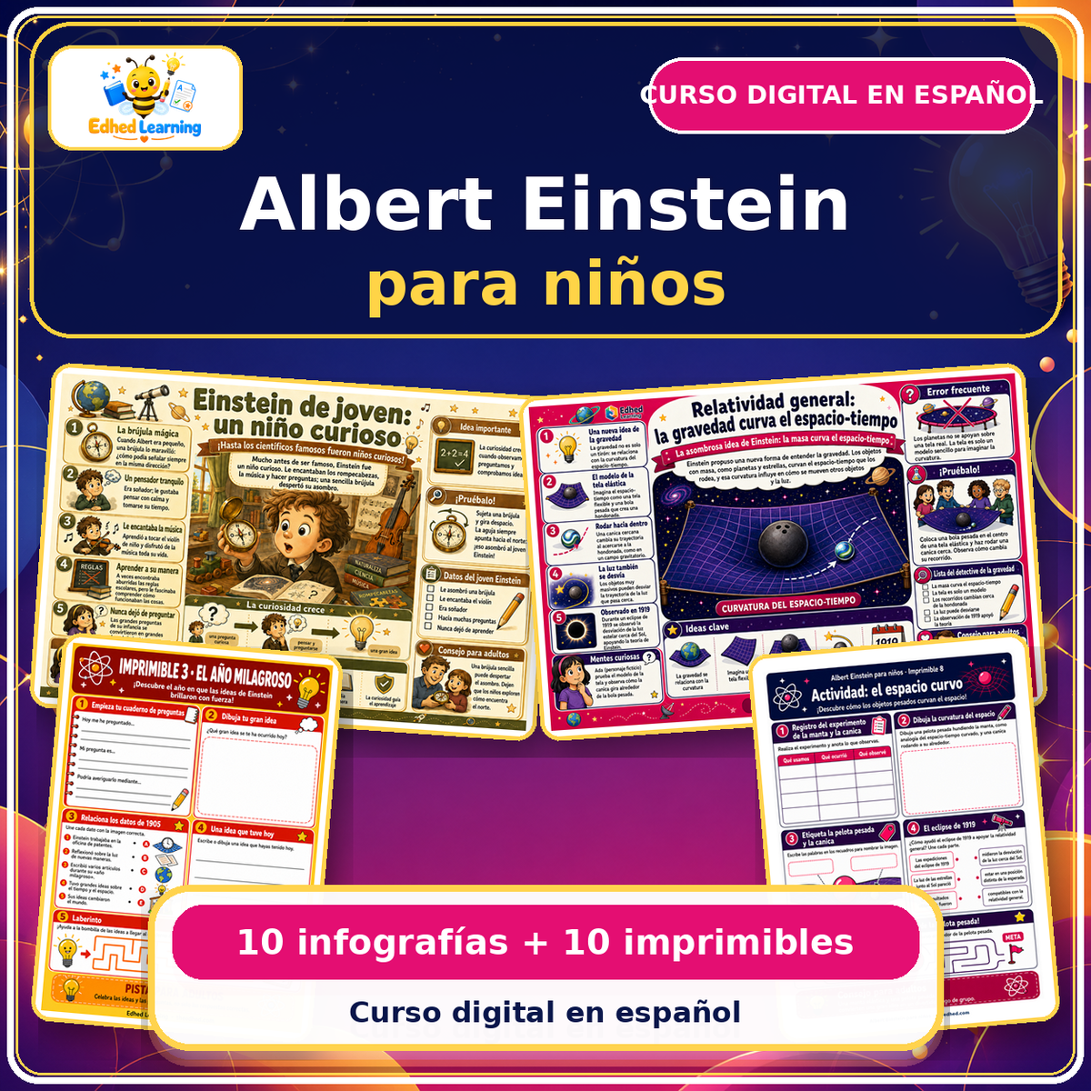 Curso digital Albert Einstein para niños con 10 infografías y 10 imprimibles en español
