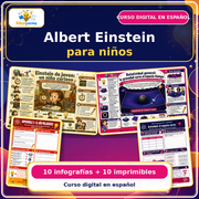 Curso digital Albert Einstein para niños con 10 infografías y 10 imprimibles en español