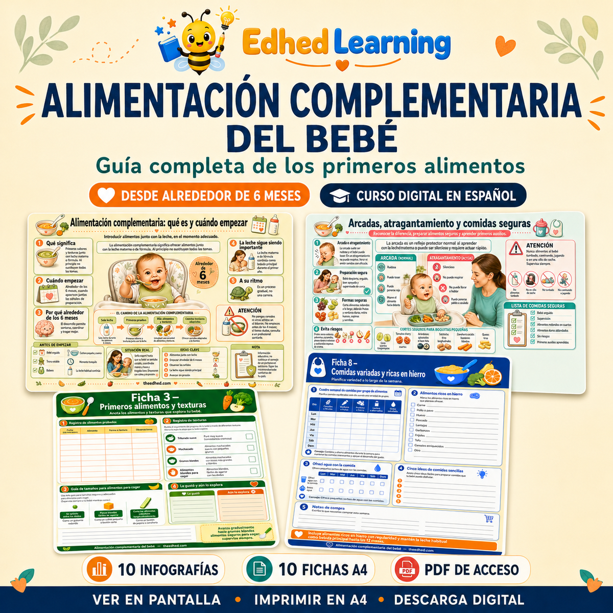 Portada del curso Alimentación complementaria del bebé: guía completa, con vistas de infografías y fichas imprimibles en español.