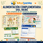 Portada del curso Alimentación complementaria del bebé: guía completa, con vistas de infografías y fichas imprimibles en español.