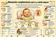 Infografía en español sobre cuándo iniciar la alimentación complementaria y las señales de preparación del bebé.
