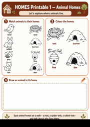 Animal Homes printable worksheet: match animals to their homes